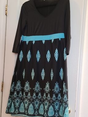 Black Dress with Teal Pattern and Waistband